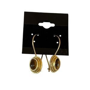 Elegant Vintage Stamped Antiqued Gold Tone Tigers Eye Drop Earrings.